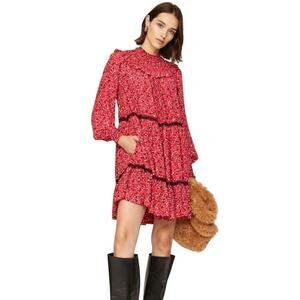 Scotch & Soda Womens XL Red Floral Crepe Long Sleeve Smocked Cottage Shift Dress